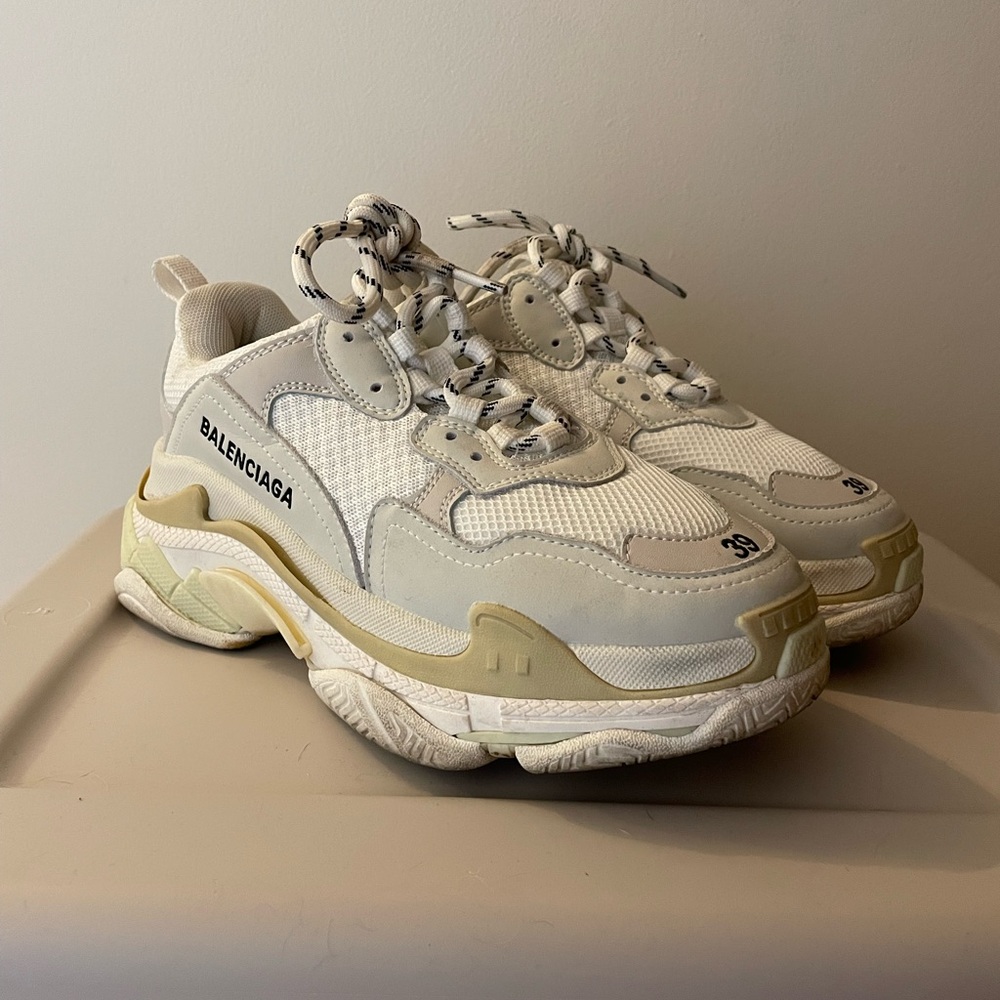 Triple S Style White and Cream Chunky Dad Sneakers